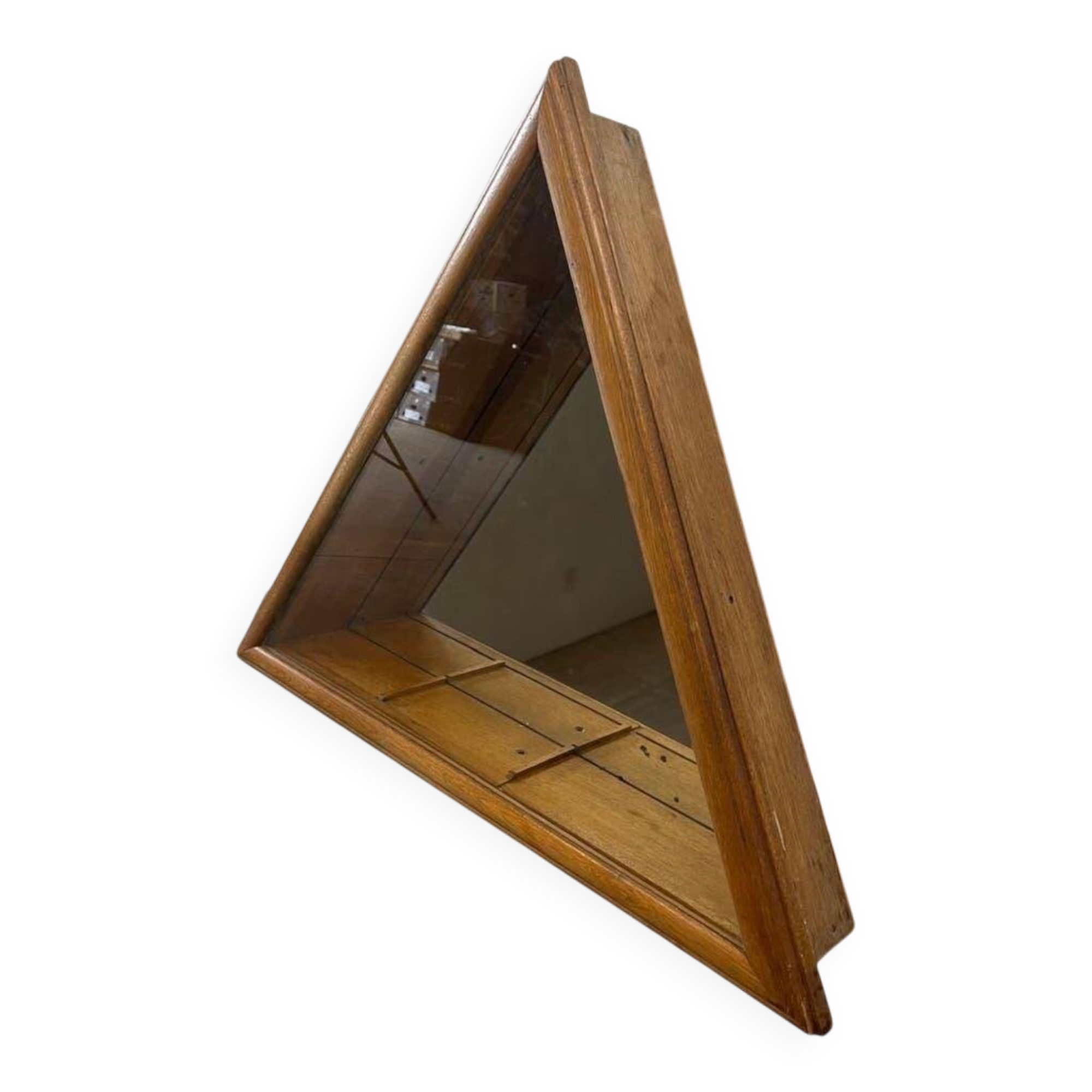 Vintage shallow wall display cabinet with a mirrored back.