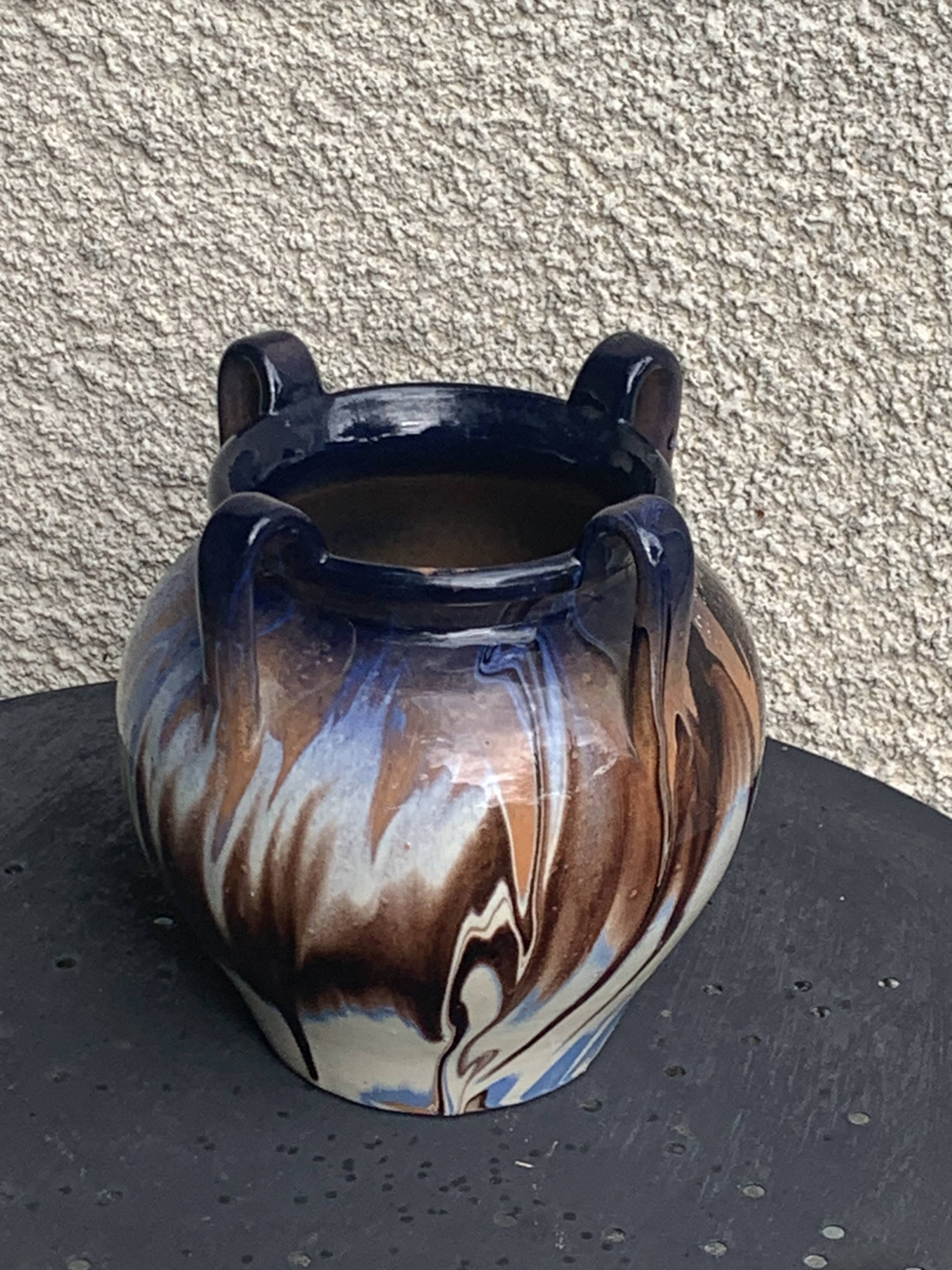 Amphora vase in mixed earth, shades of blue, beige and white, pottery, vintage