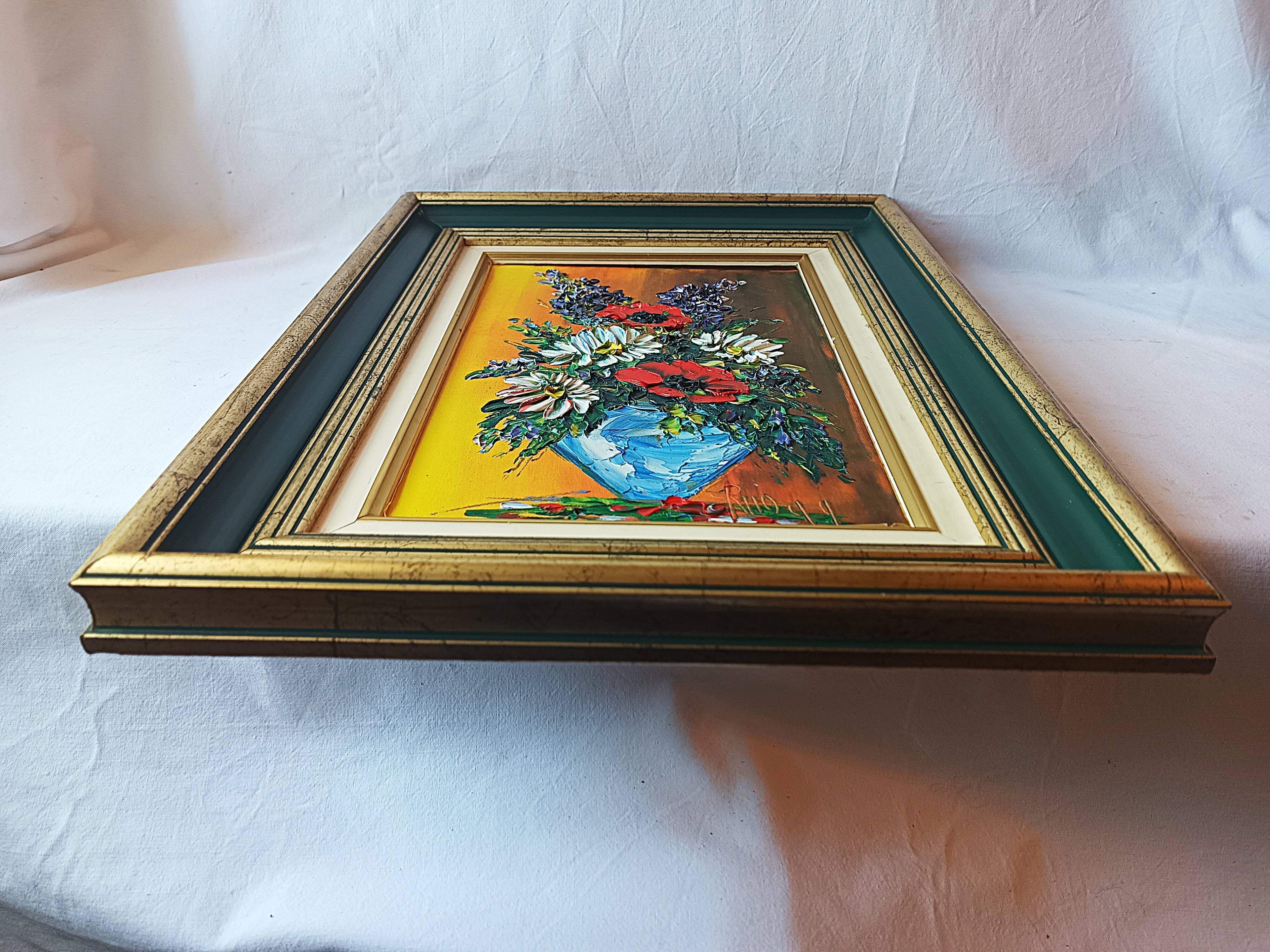 Oil painting on canvas, bouquet of flowers in a framed vase, signed.