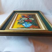 Oil painting on canvas, bouquet of flowers in a framed vase, signed.