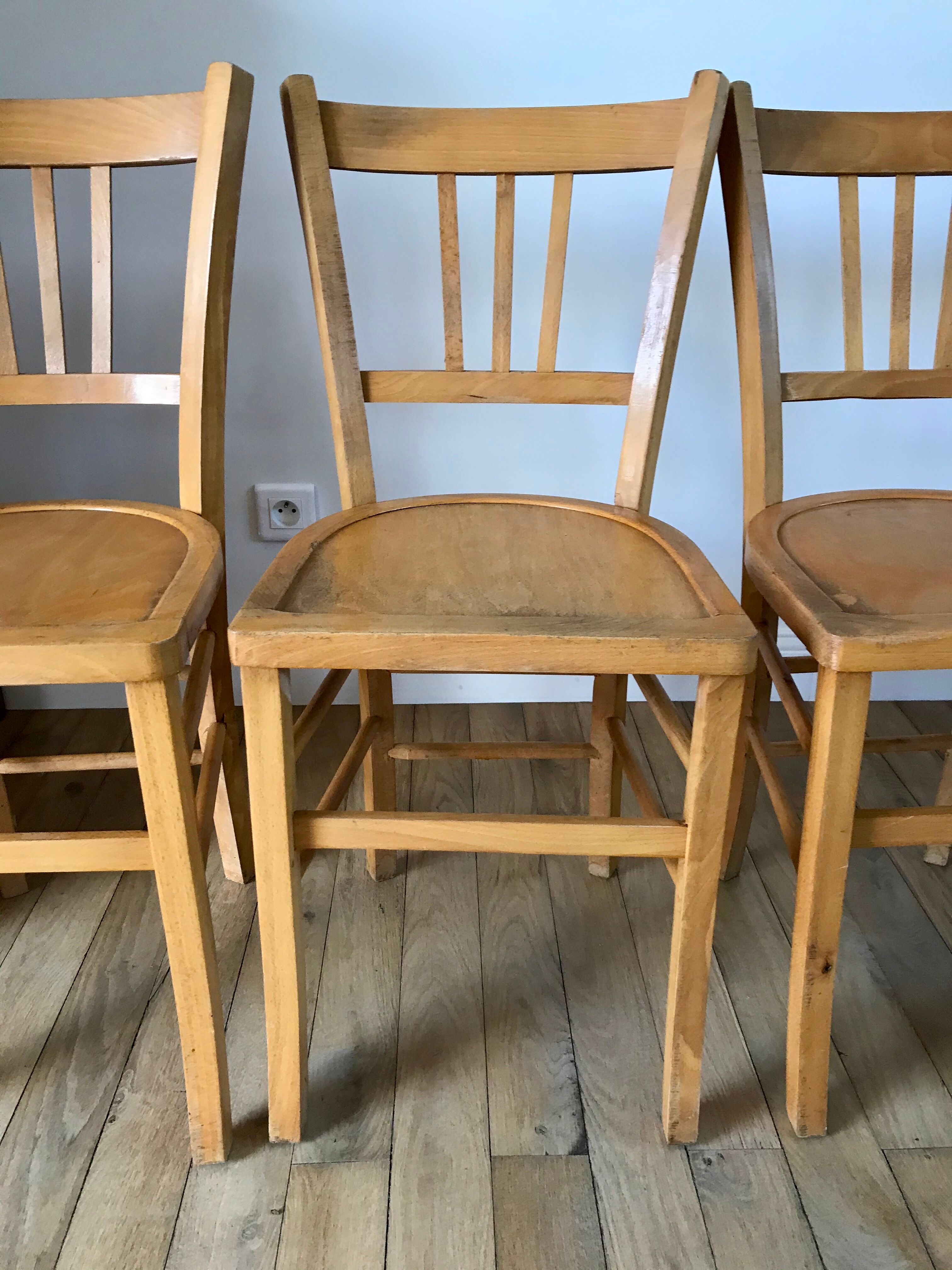 Set of 5 Luterma light blond wood bistro chairs from the 50s