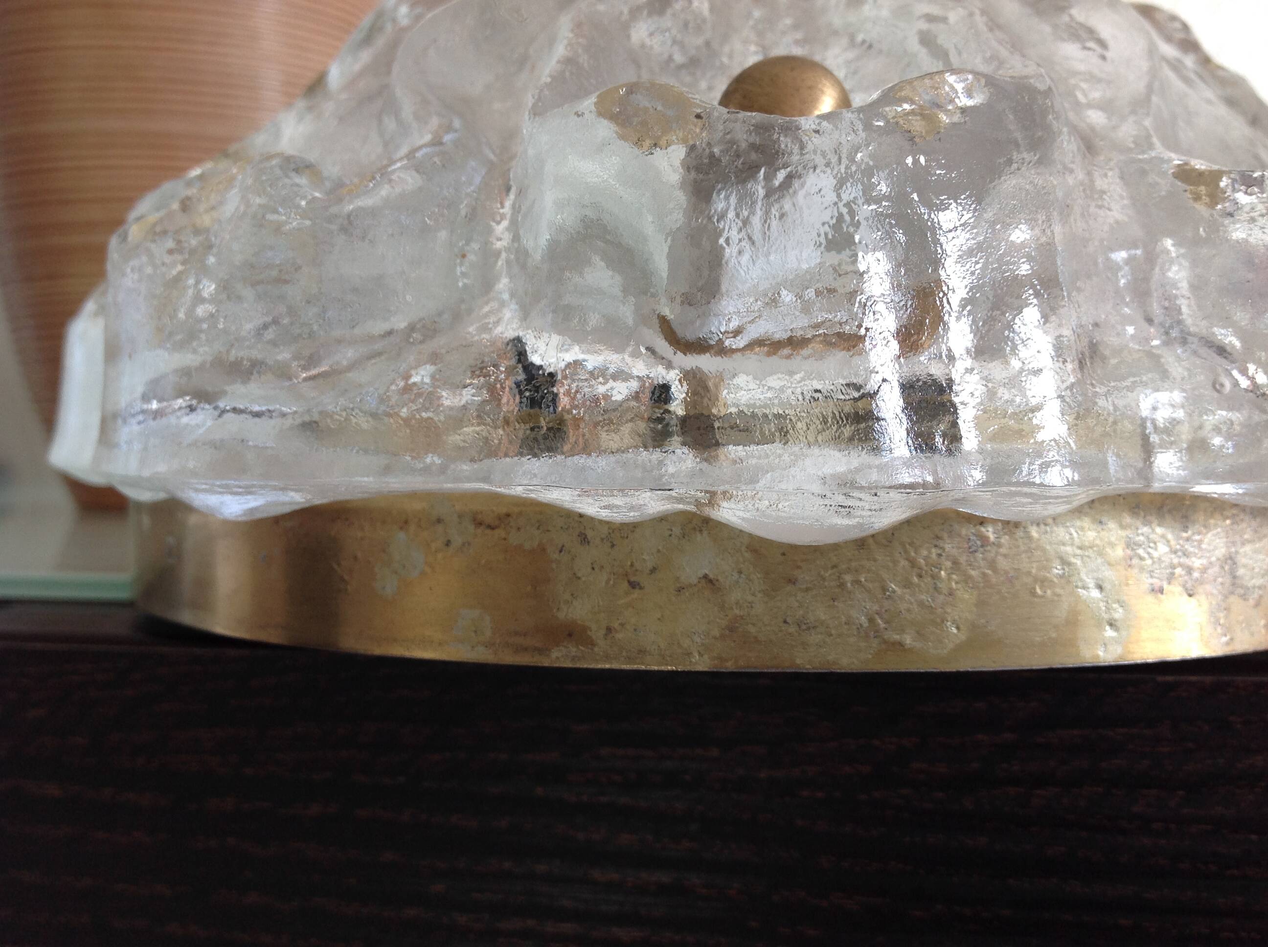 Pair of ice glass and brass wall lights by Limburg / vintage 60s-70s