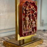 Laiton table lamp, laqué wood plate and golden china circa 1980