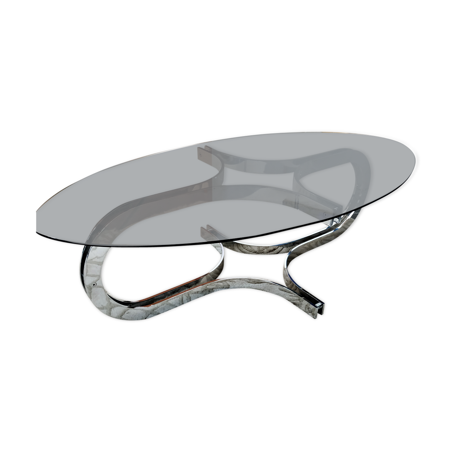 Chrome metal coffee table and oval smoked glass tray