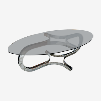 Chrome metal coffee table and oval smoked glass tray
