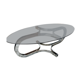 Table basse métal chromé et plateau de verre fumé ovale