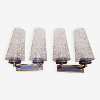 Pair of double wall lights in glass and blue lacquered metal, 1950s-60s