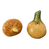 Vintage barbotine pepper and salt shaker in the shape of garlic and onion