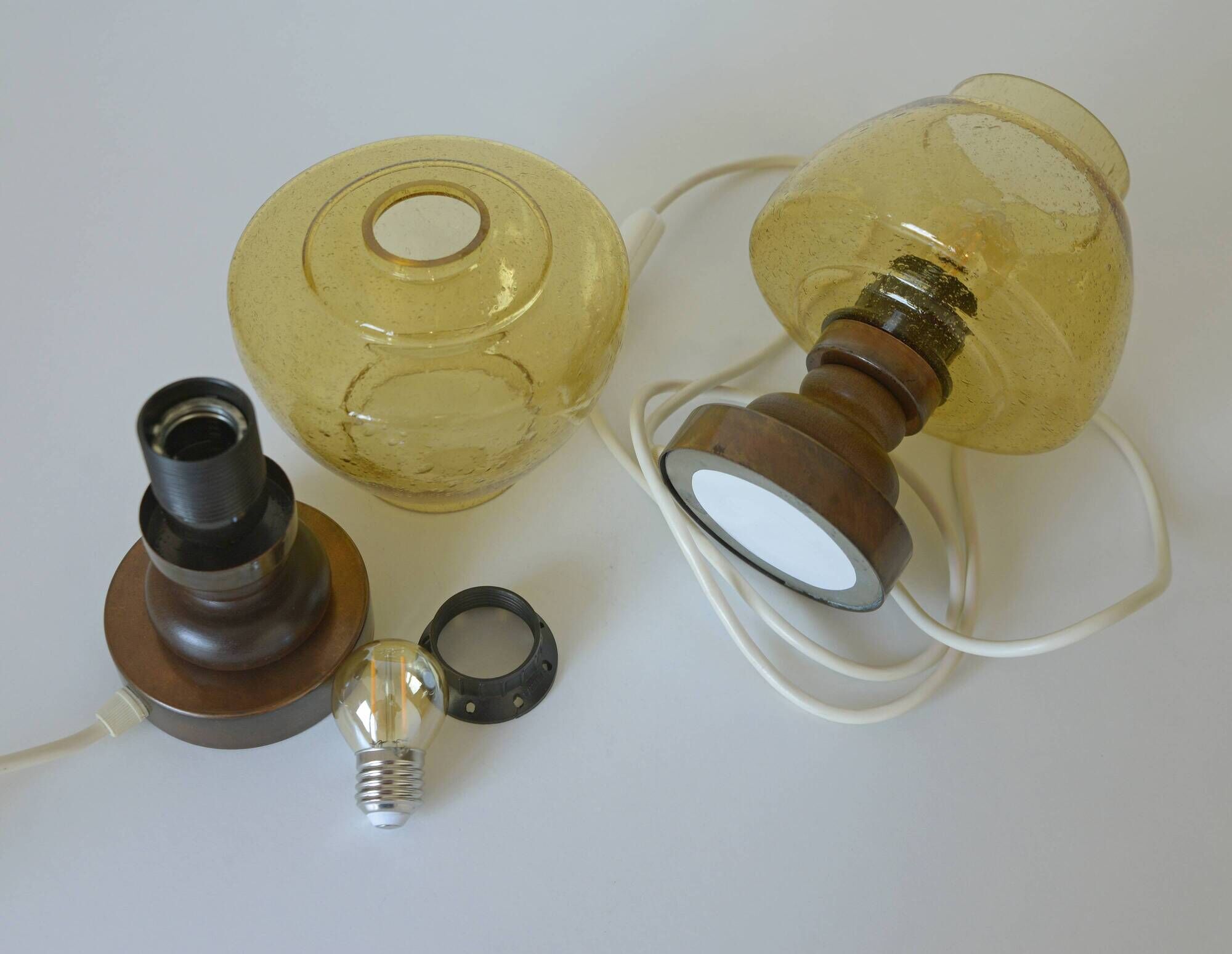 Pair Vintage Amber Glass Bedside Lamps, Copper Wood, Yugoslavia 1980s