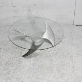 Table basse "space age". Piètement acier, dalle de verre. Circa 1970