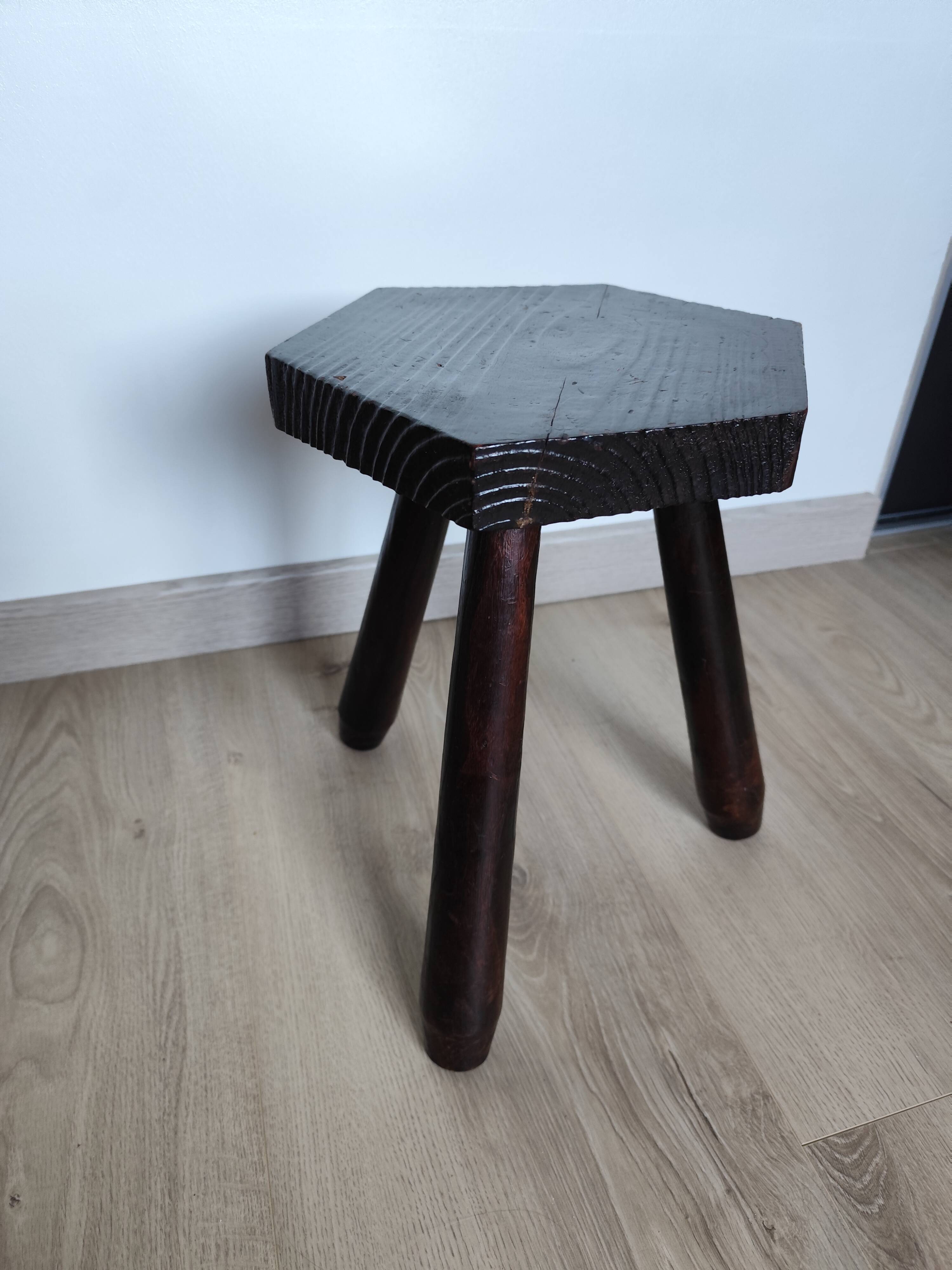 Vintage 1960s Brutalist tripod stool in solid wood