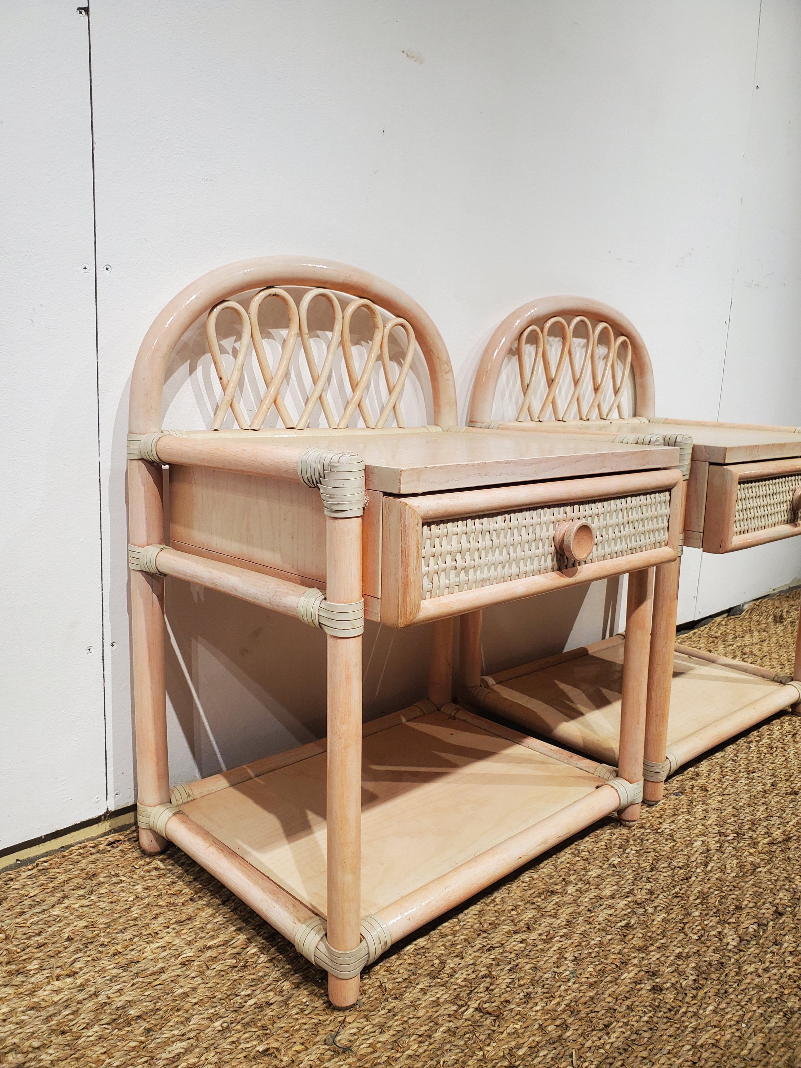 Pink rattan bed and bedside table set