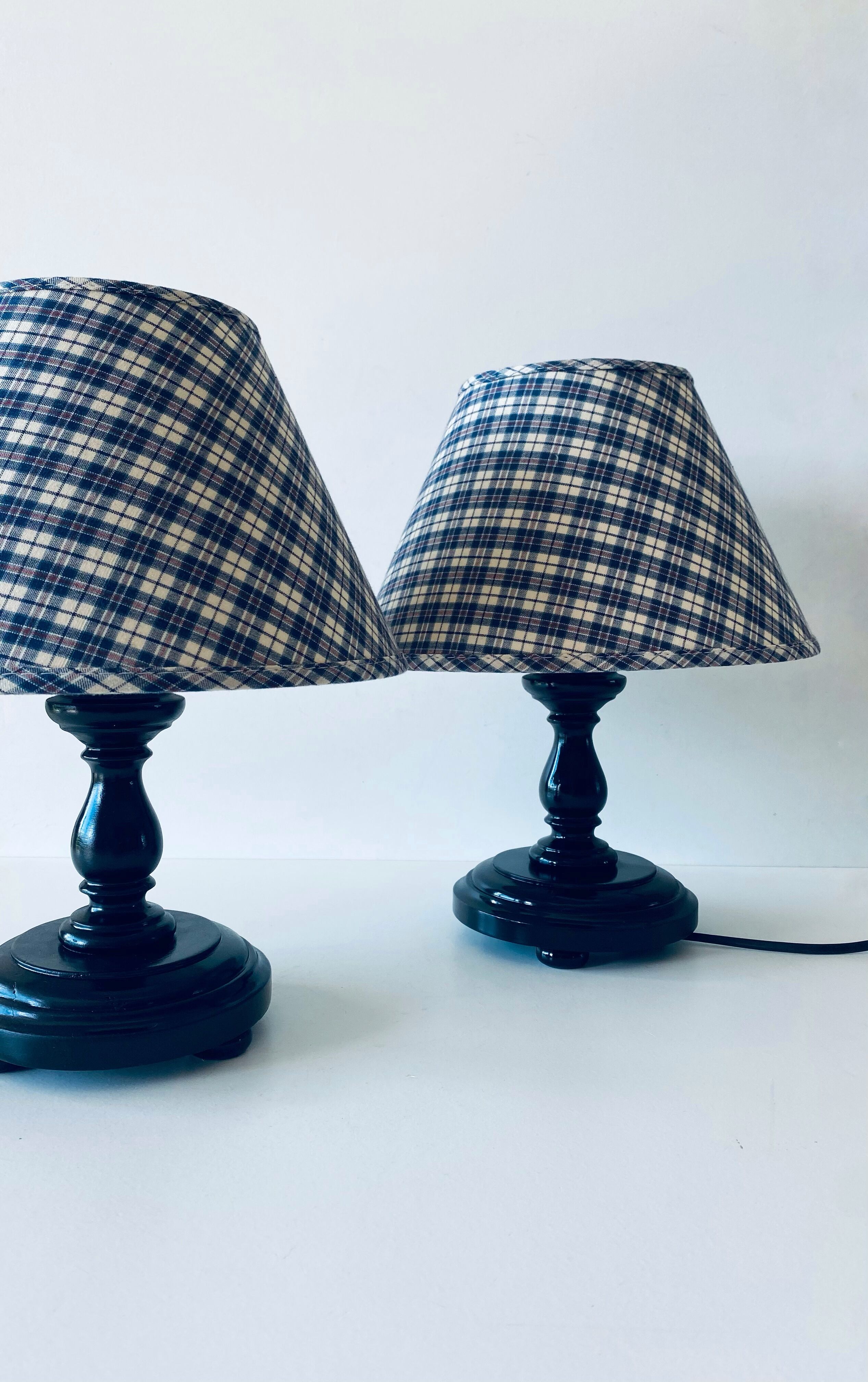 Pair of turned wooden bedside lamps