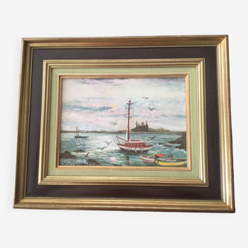 Marine on wood signed reine vuillermet