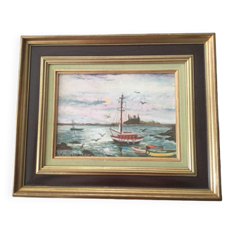 Marine on wood signed reine vuillermet