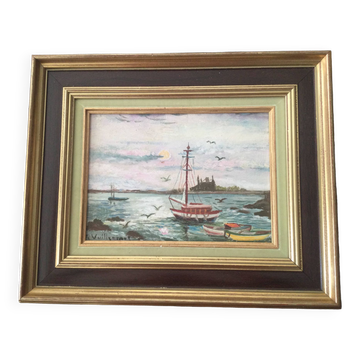 Marine on wood signed reine vuillermet
