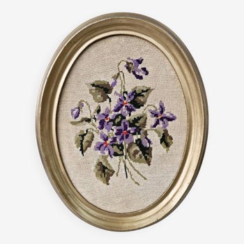 Old Embroidery Cross Stitch Floral Decor Golden Frame