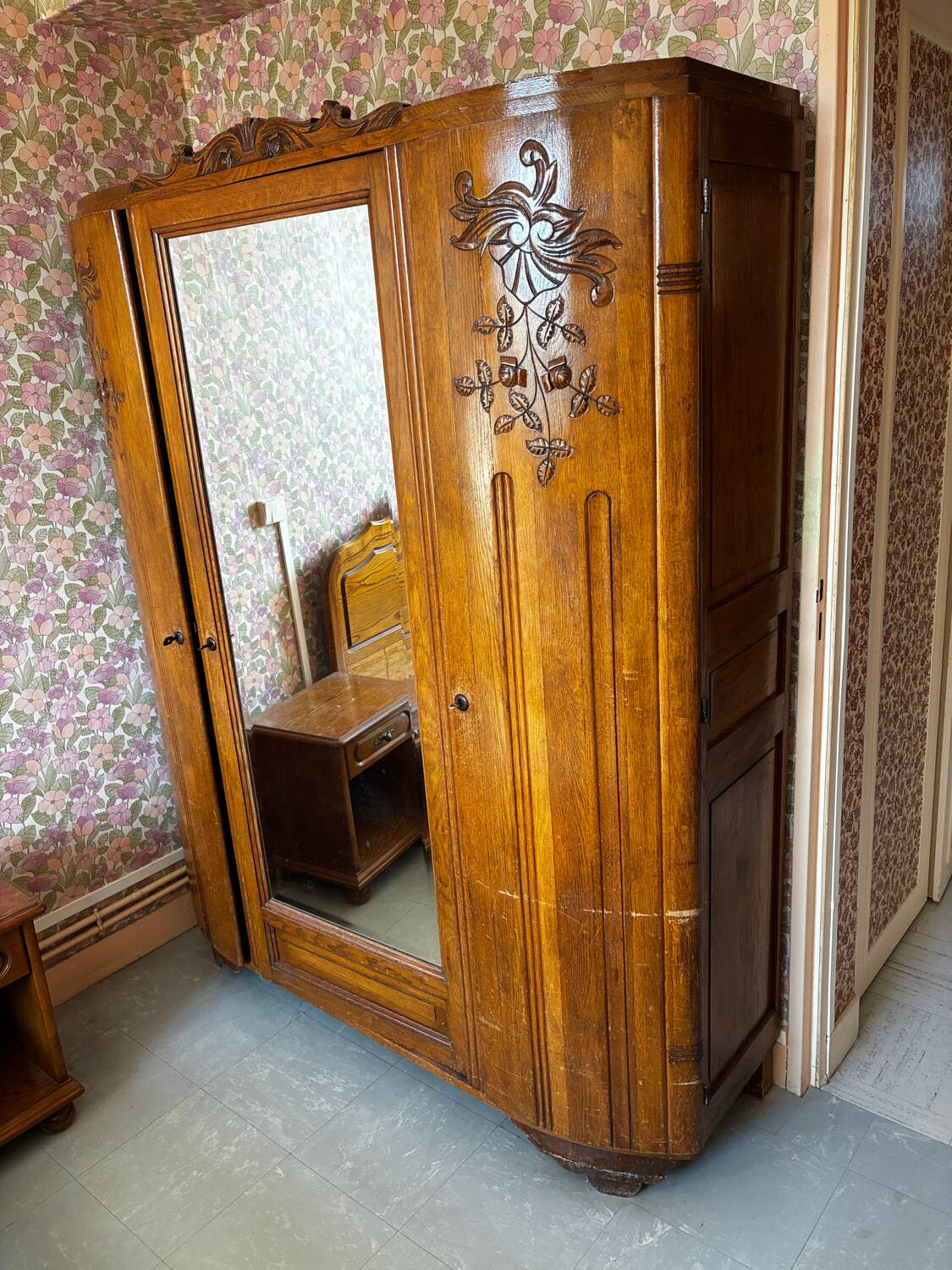Antique Art Deco solid wood wardrobe with mirror