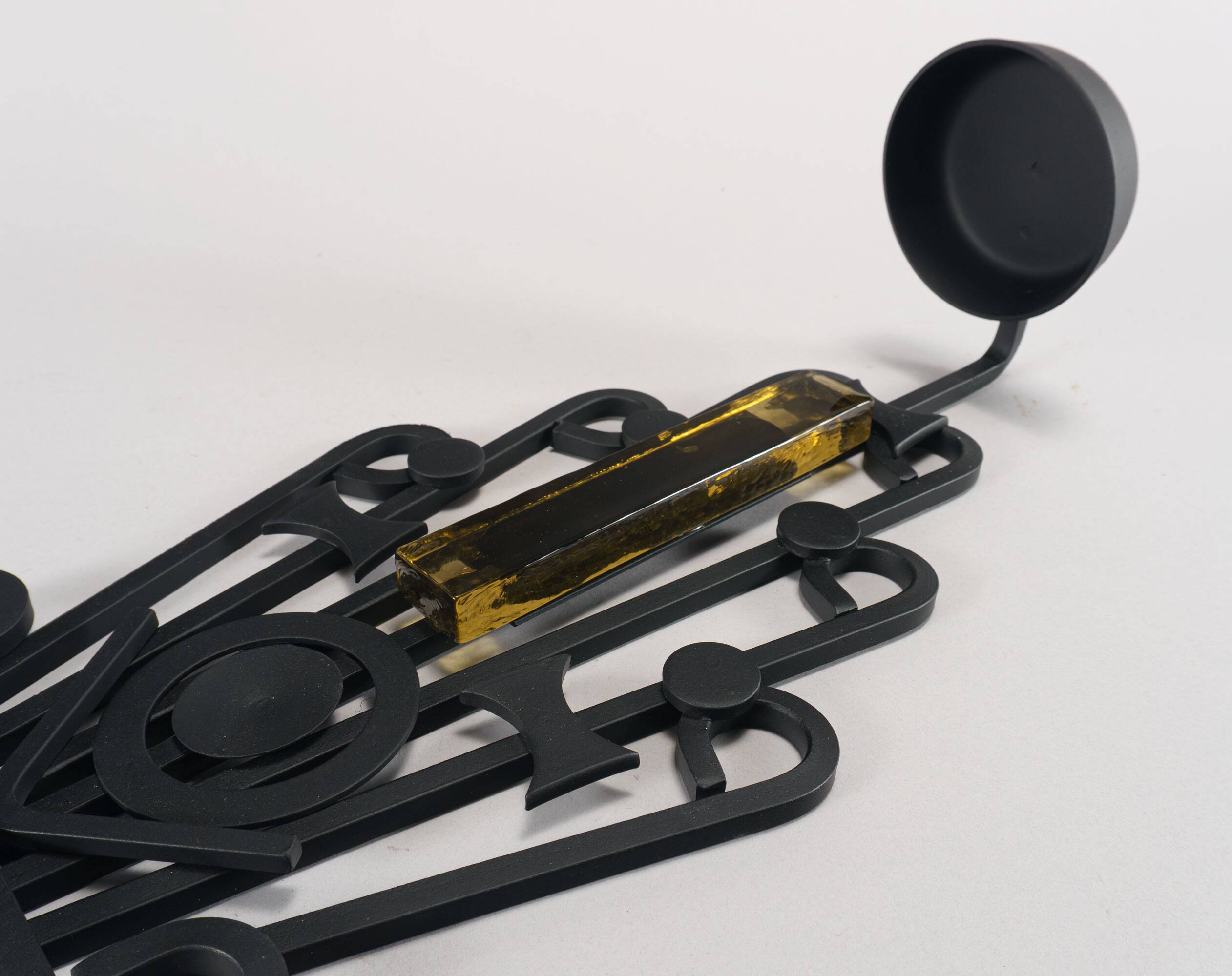 1960s Dantoft Brutalist Wrought Iron & Glass Wall-Hanging Candleholder