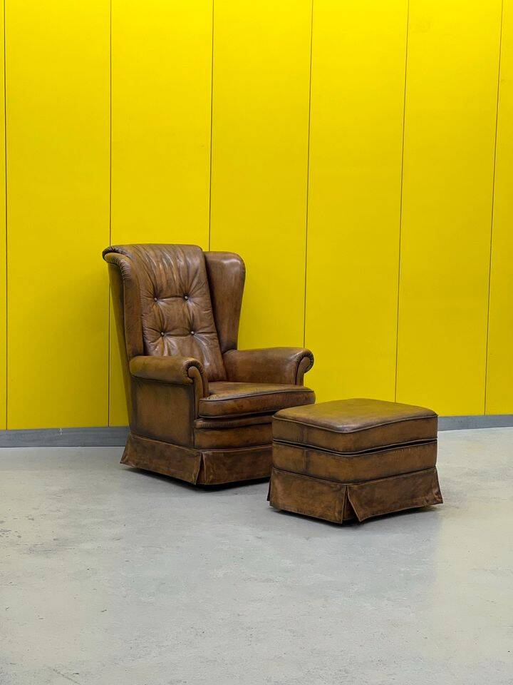 Vintage Chesterfield style wing chair With Ottoman