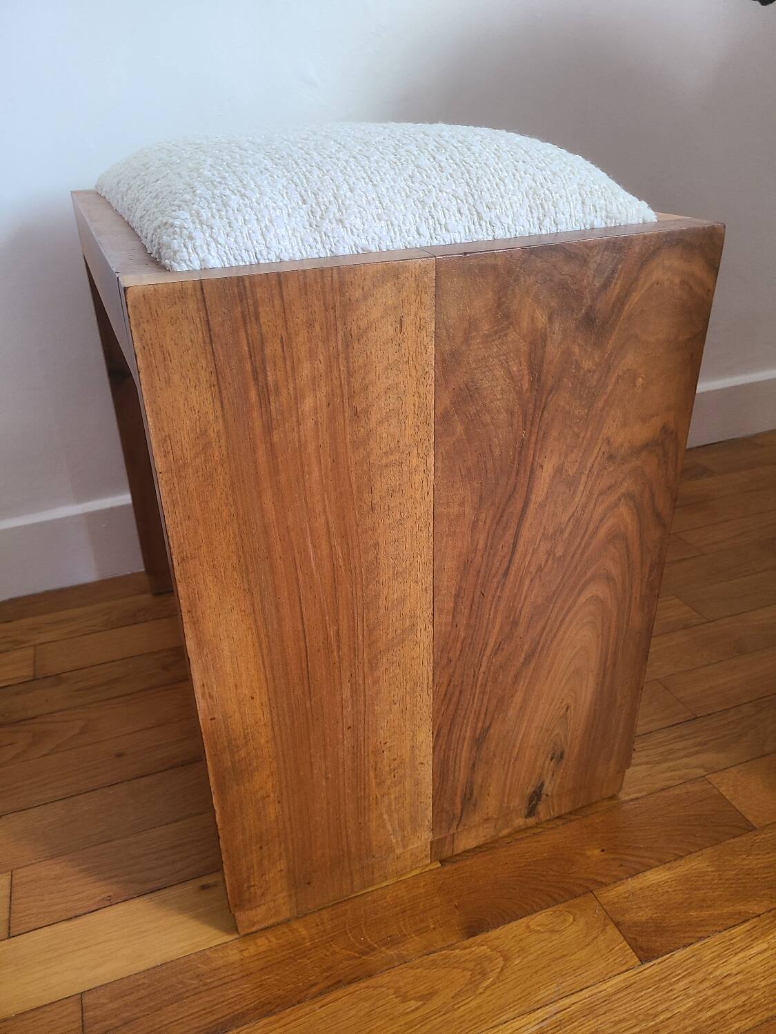 Antique Art Deco piano bench stool rosewood white bouclette fabric