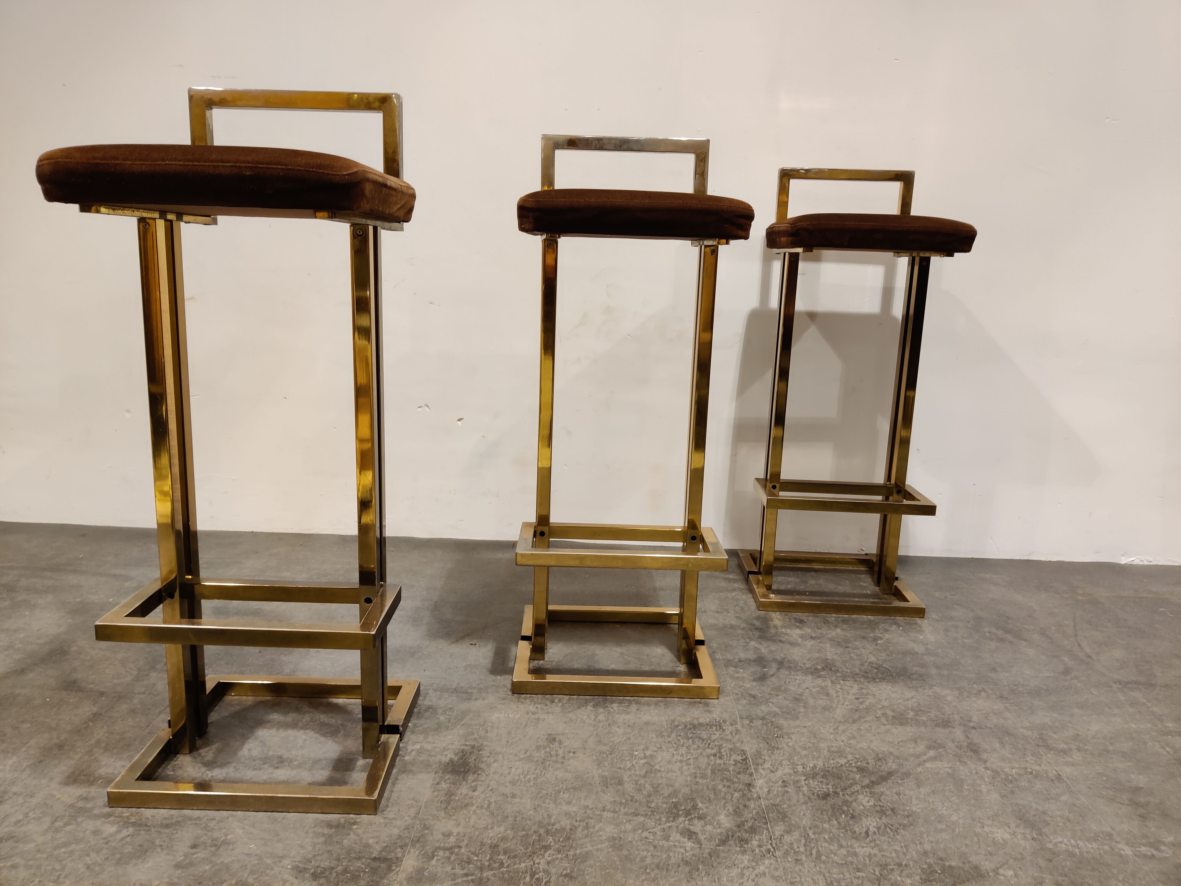 Belgochrom brass bar stools, set of 3, 1970s
