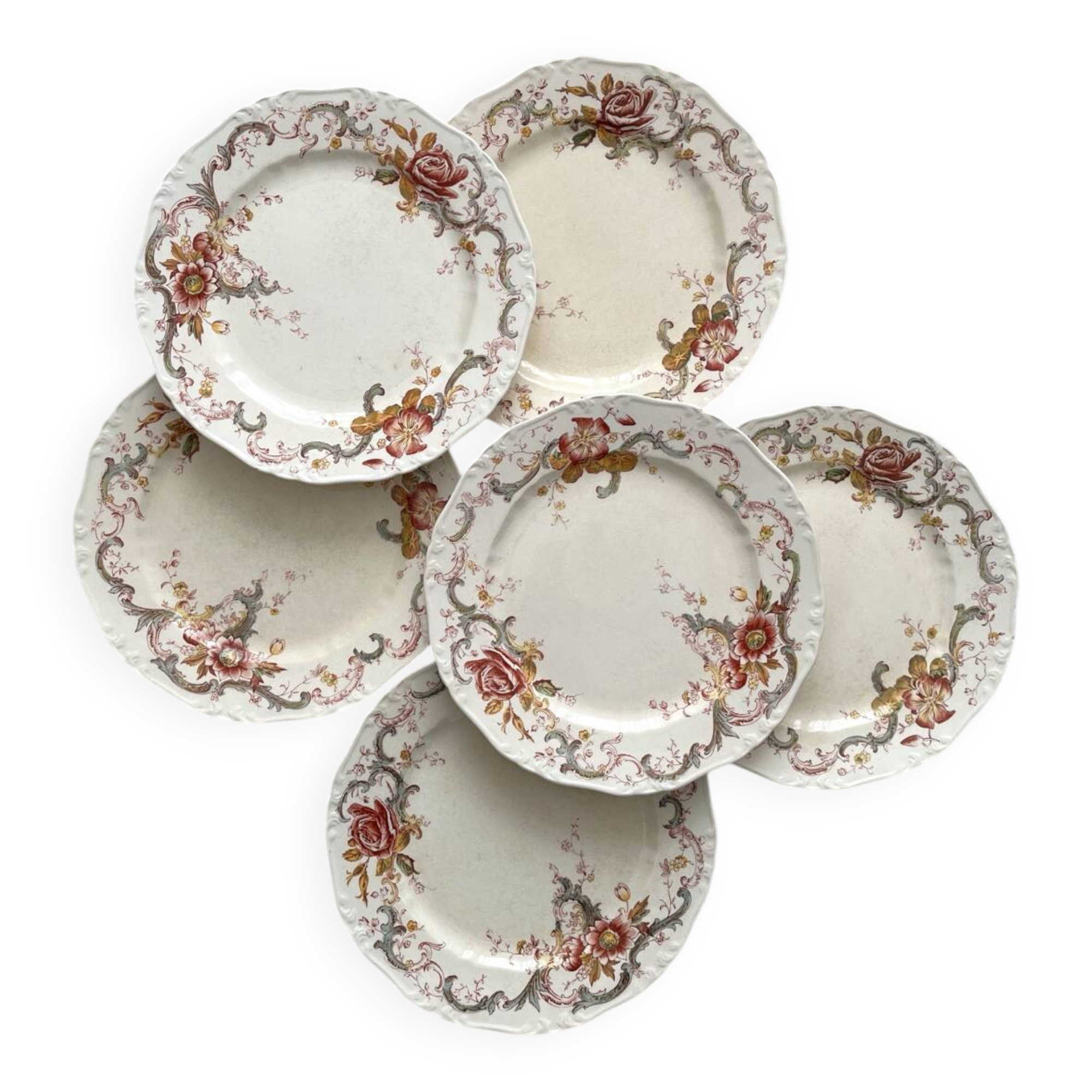 6 polychrome ironstone dinner plates "Wentworth" by Emile Bourgeois