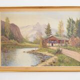 Tableau « Le chalet au ruisseau de montagne », design scandinave, années 1970