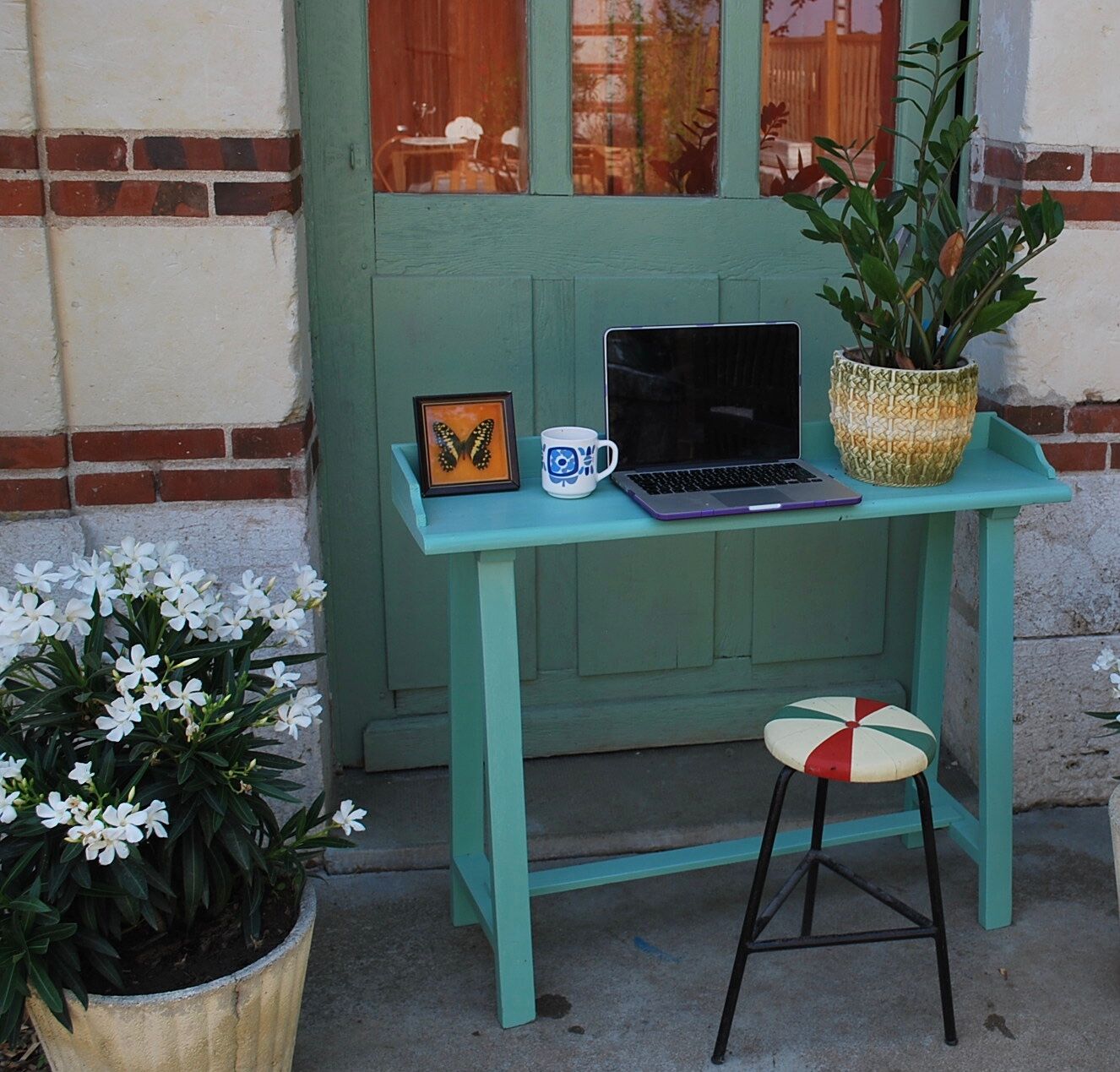 Console vintage vert menthe avec son tabouret