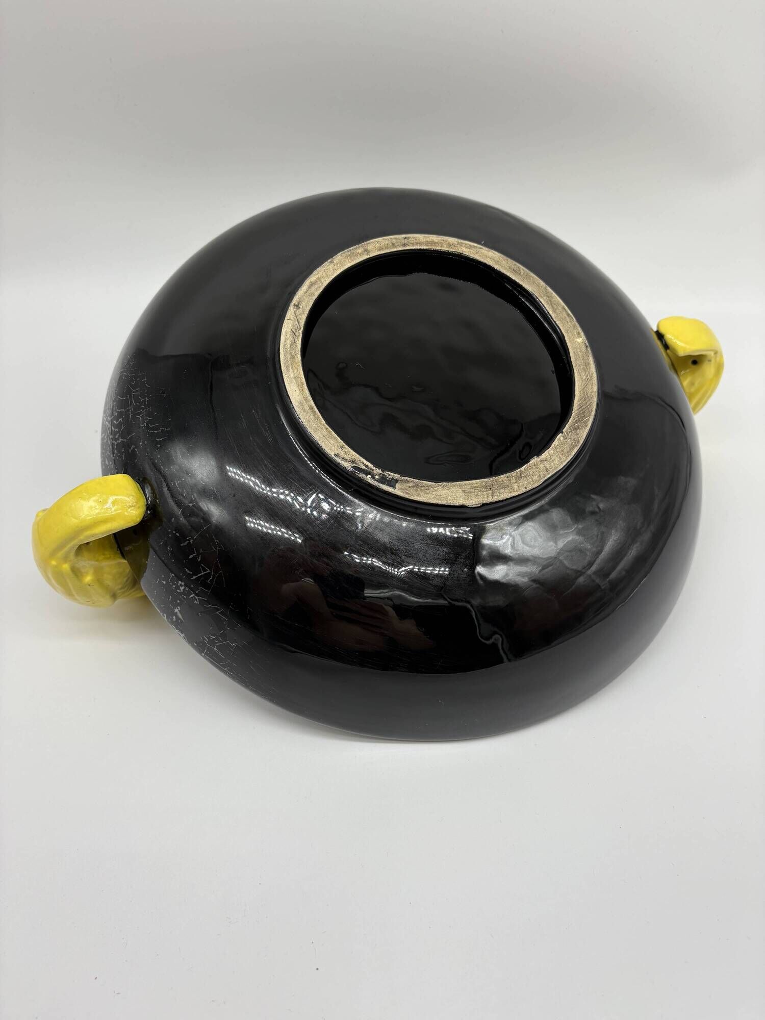 Large vintage black ceramic bowl with yellow parakeets, Vallauris.