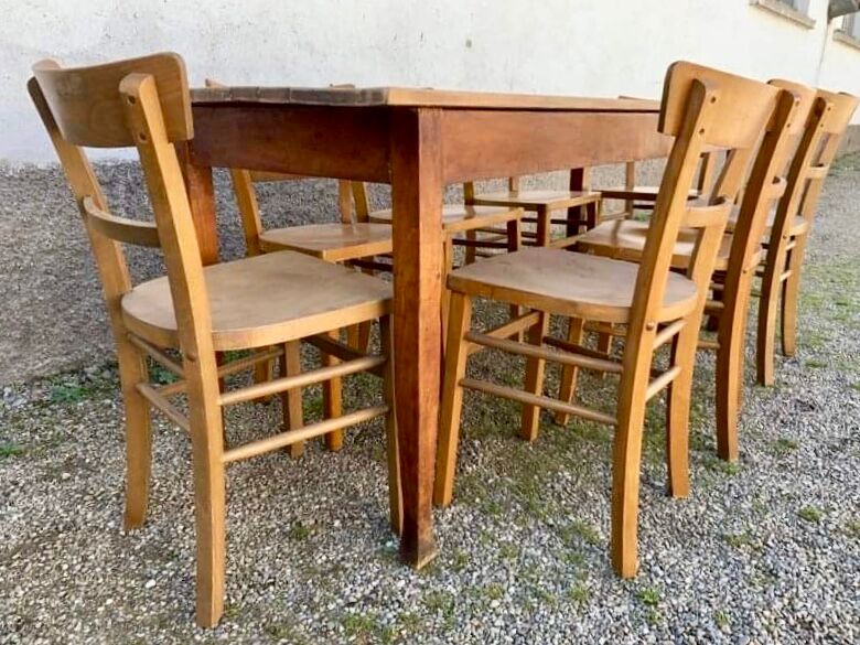 Set of 8 old light wood bistro chairs years 1957 stamps