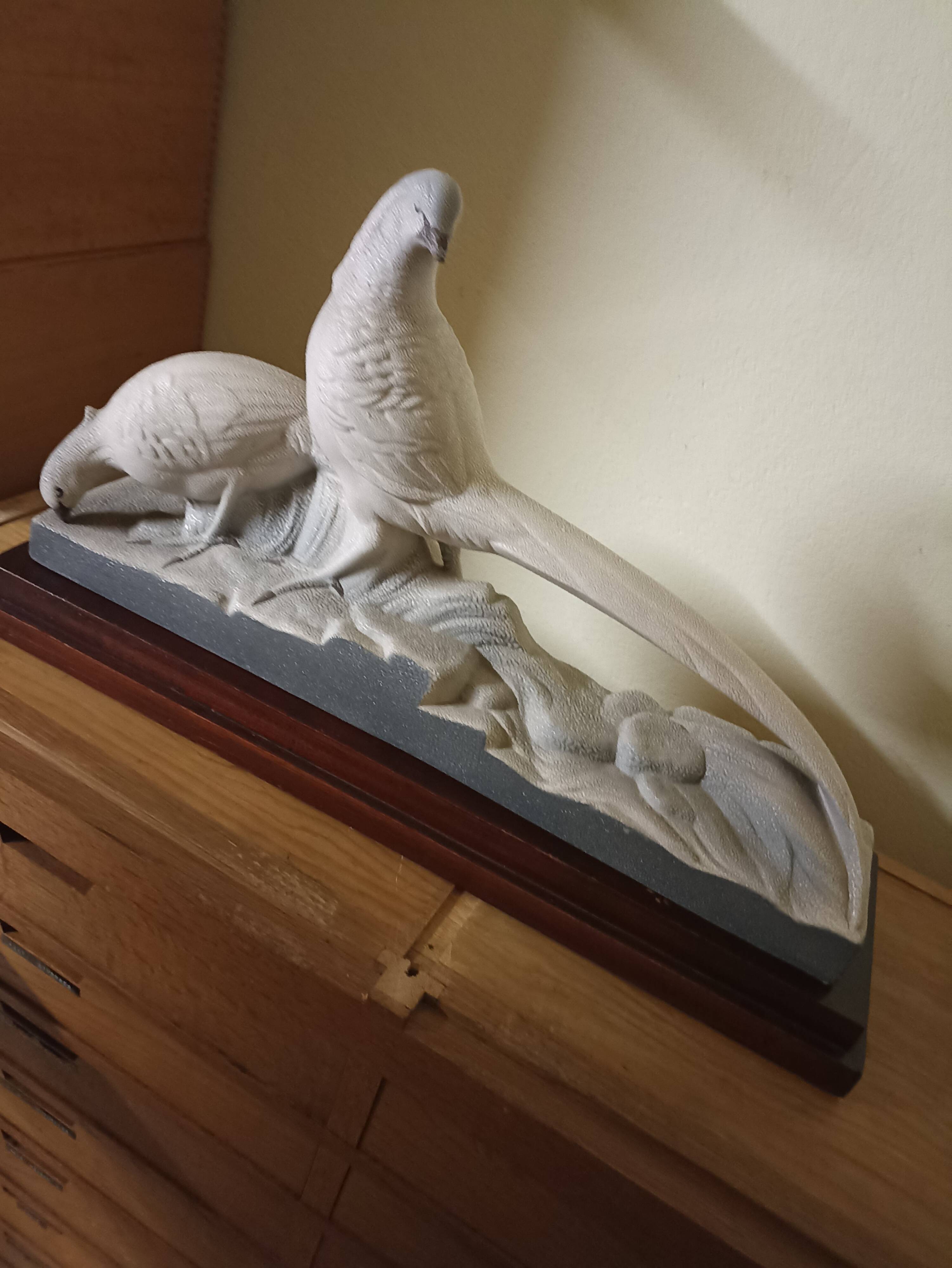 Art Deco ceramic, pair of pheasants in cracked earthenware on wooden base