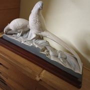 Art Deco ceramic, pair of pheasants in cracked earthenware on wooden base