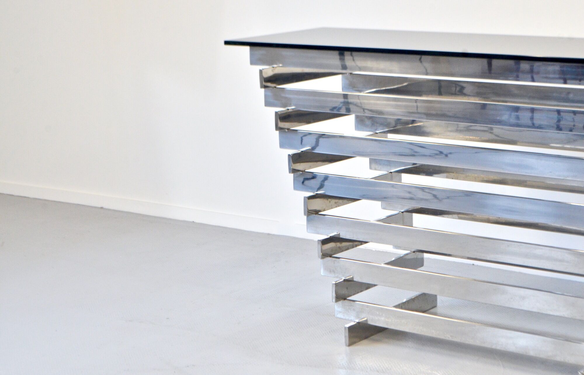 Italian stacked chrome and tinted glass console 1970
