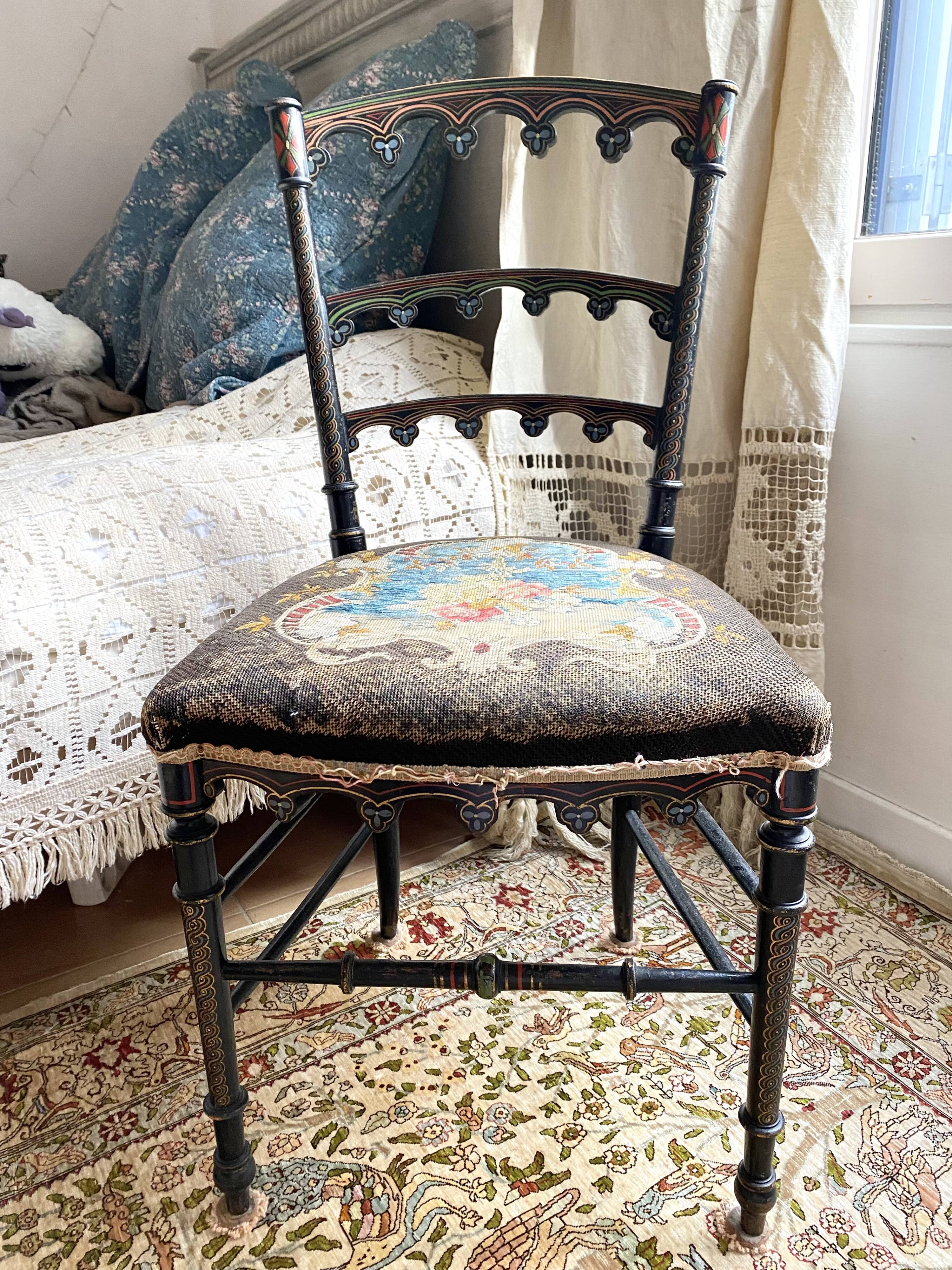 Antique chair napoleon III tapestry and painted wood