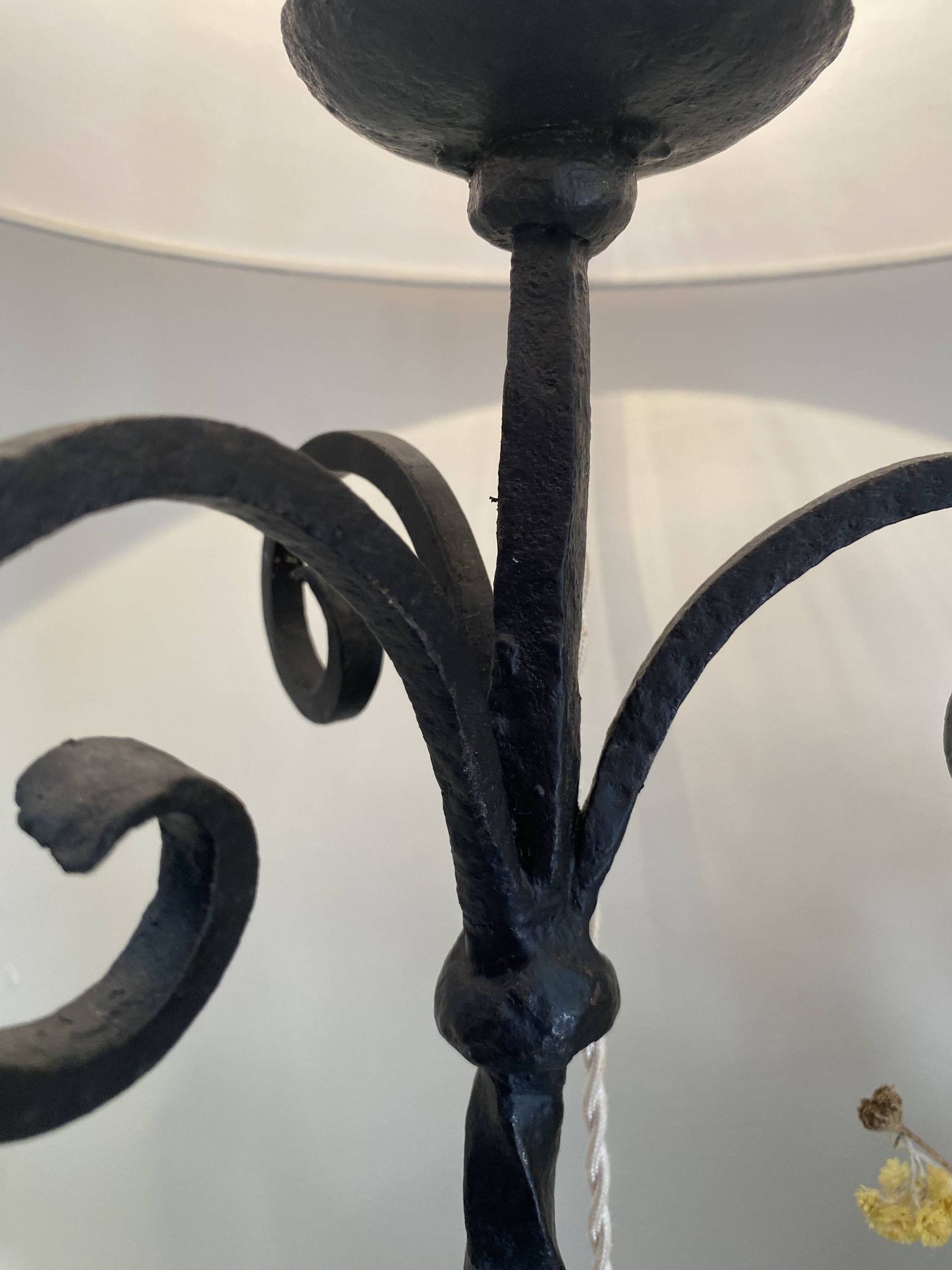 Lampe fer forgé, câble tissu 2M, abat-jour coton
