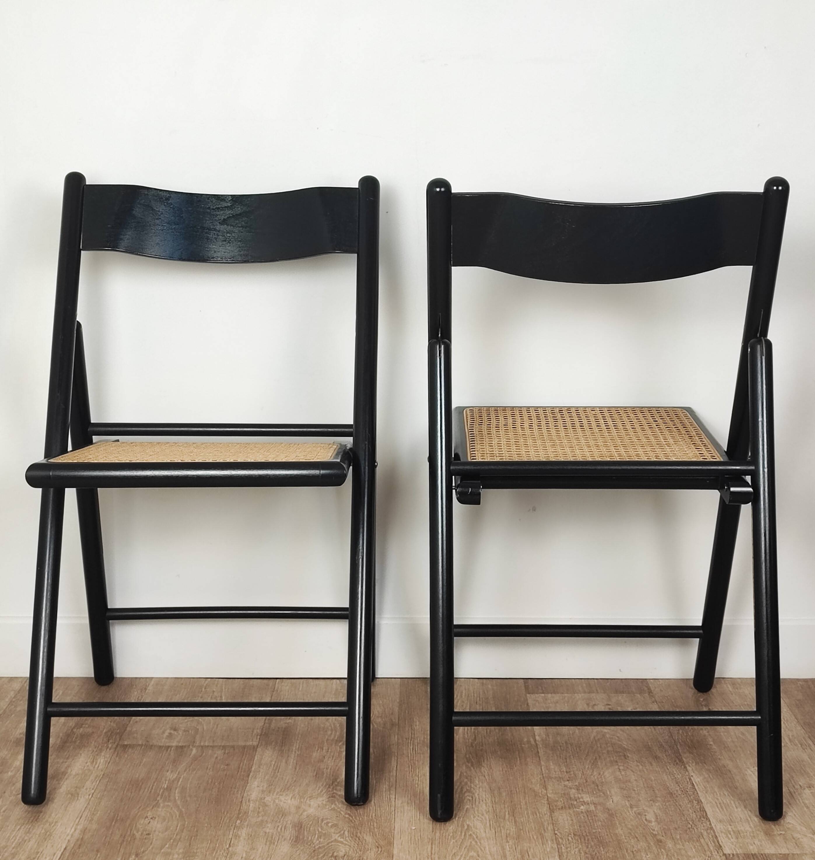 Pair of wooden and rattan folding chairs