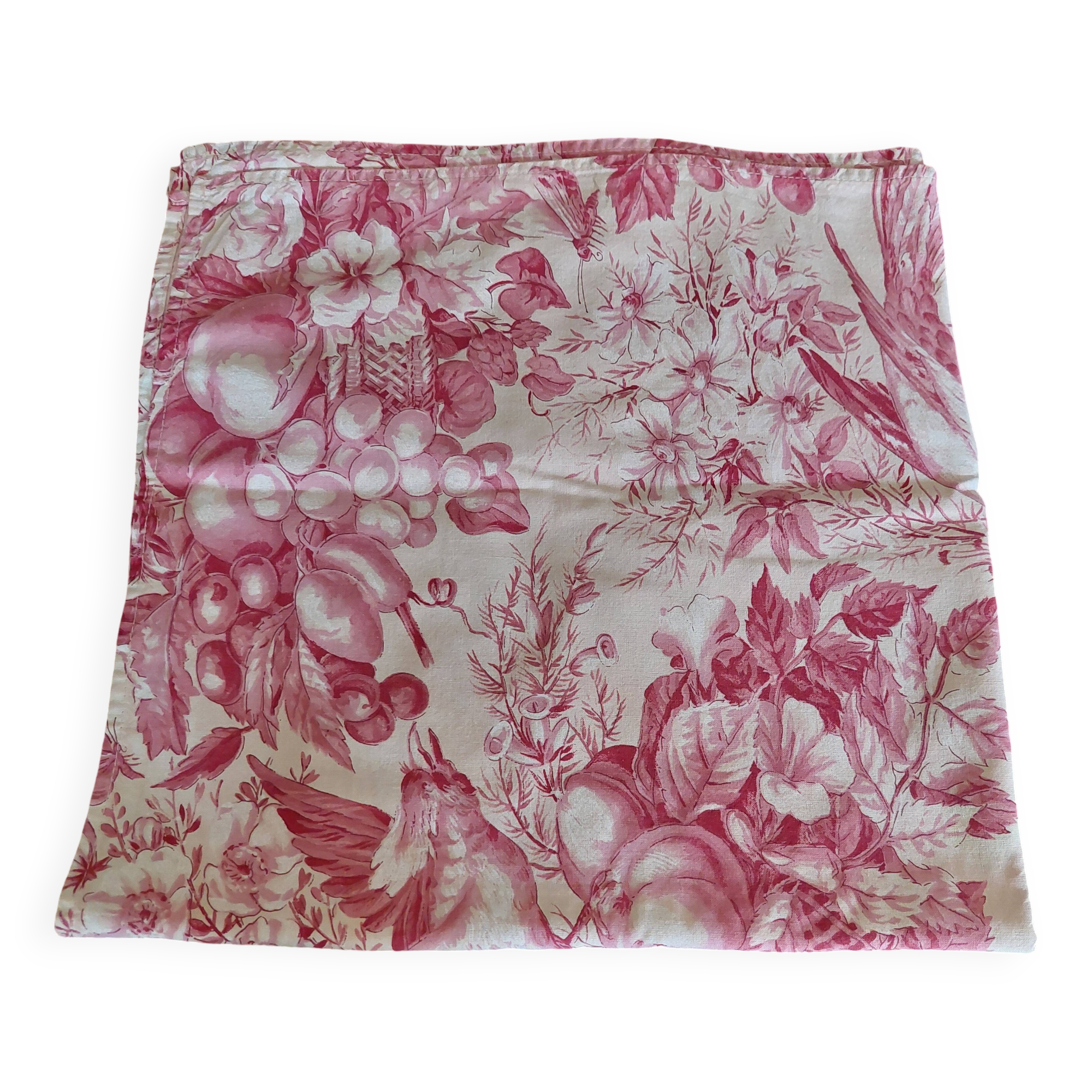 Vintage cotton tablecloth with birds and pink flowers 135 X 145 cm