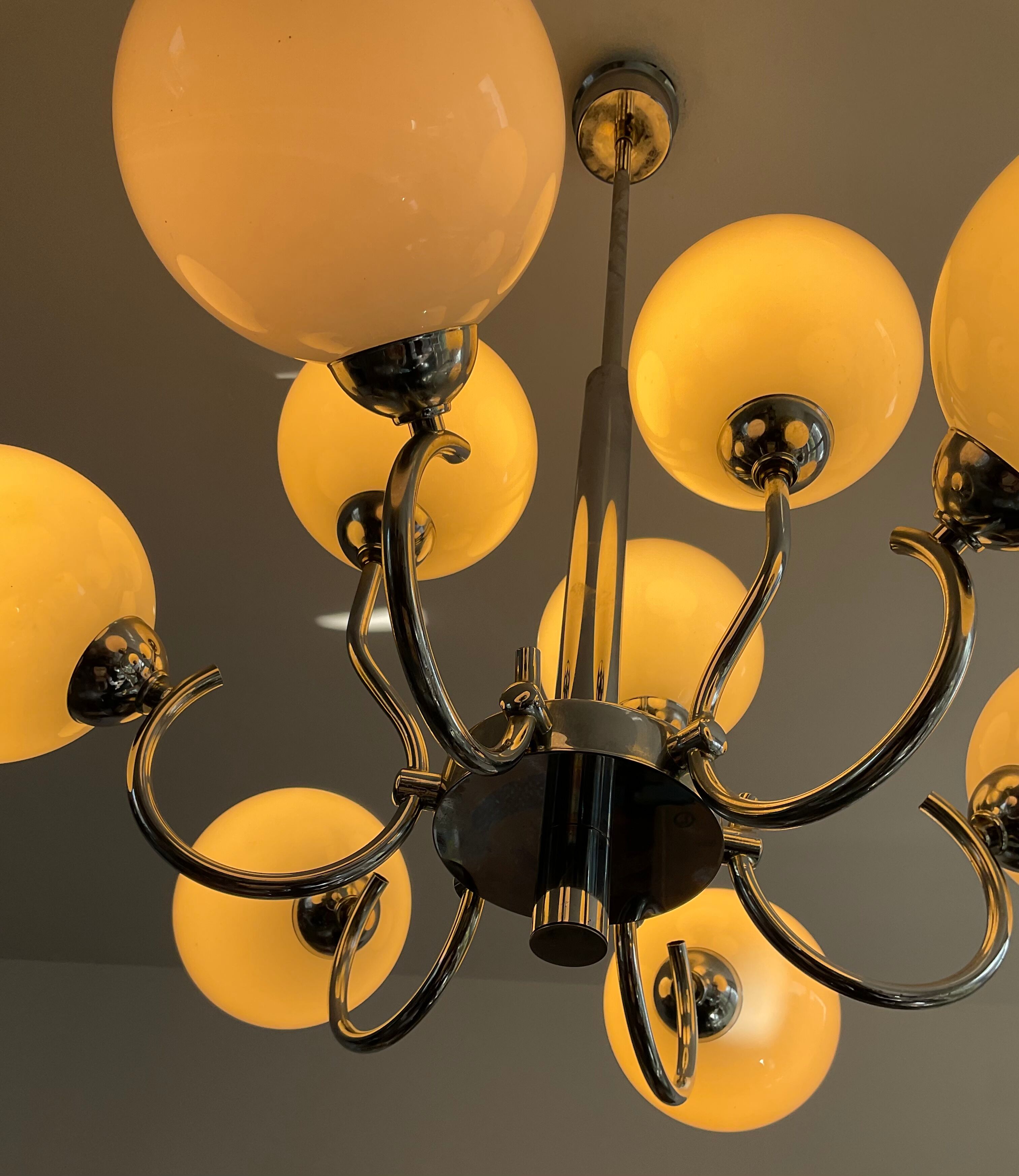 Space age chandelier in opaline and chrome metal