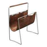 Italian Modernist Leather and Chrome Magazine Rack, 1980s