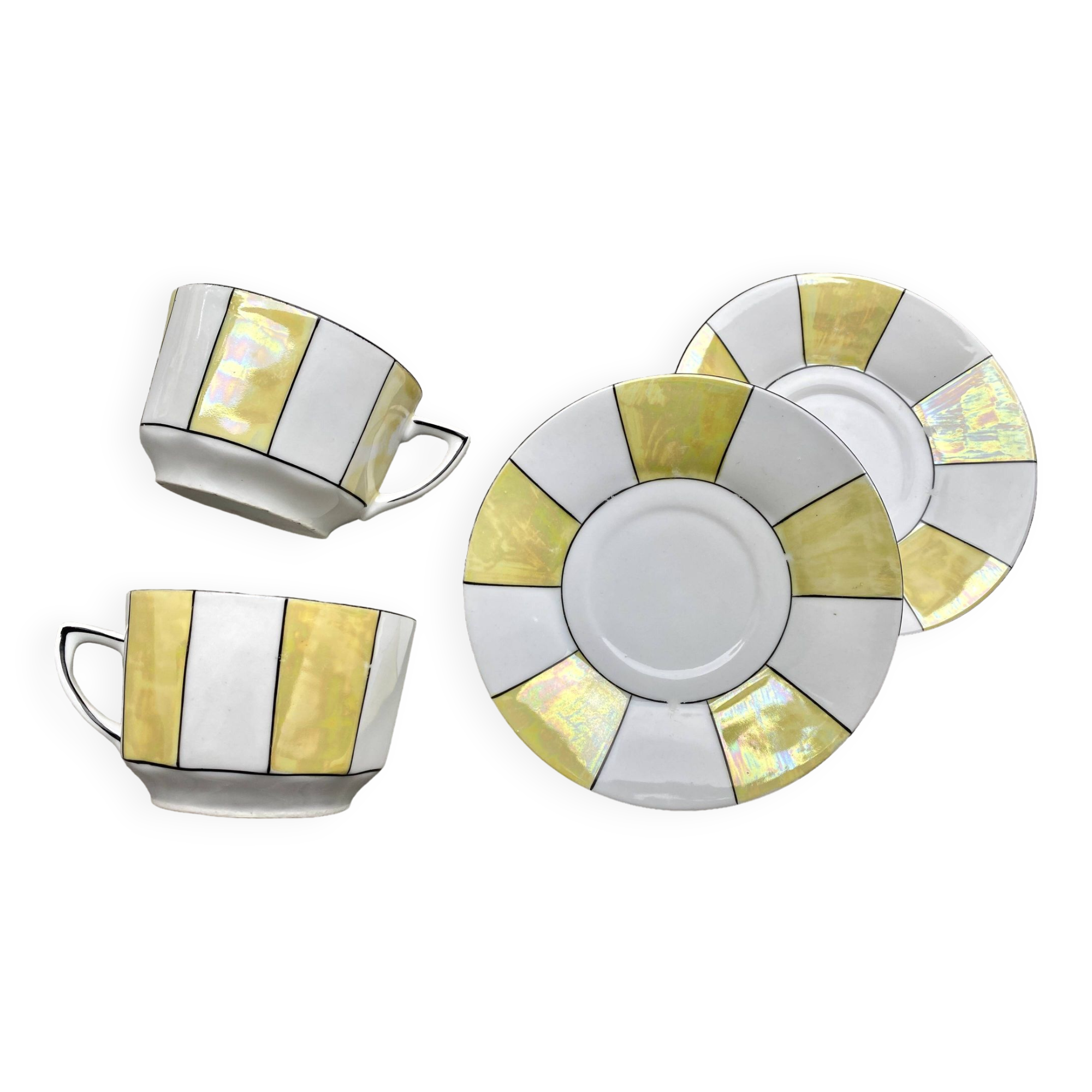 60s striped iridescent porcelain coffee service, 2 cups + 2 vintage saucers