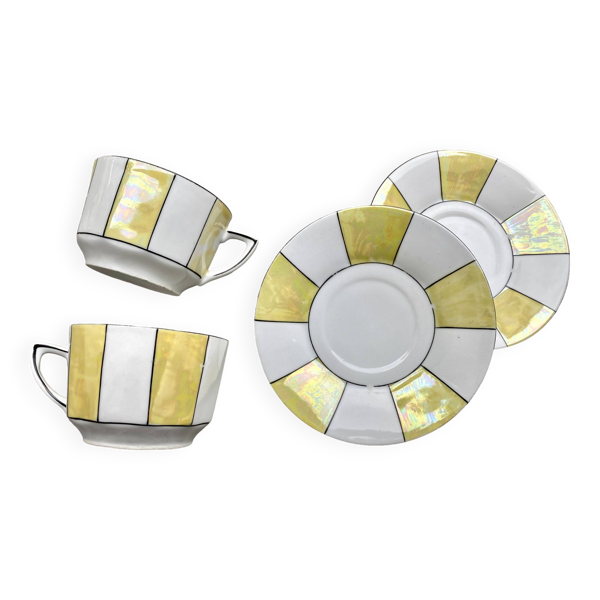 Service à café en porcelaine irisée à rayures années 60, 2 tasses + 2 sous-tasses vintage