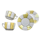 60s striped iridescent porcelain coffee service, 2 cups + 2 vintage saucers