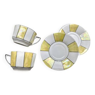 60s striped iridescent porcelain coffee service, 2 cups + 2 vintage saucers