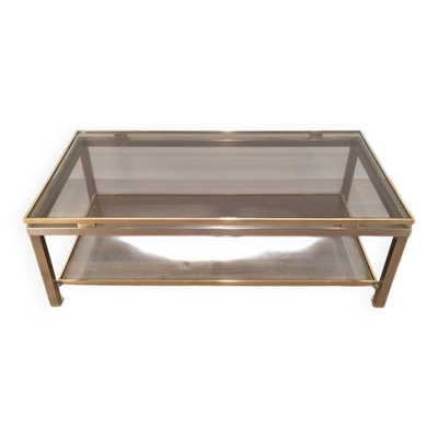 Table basse à double plateau en acier brossé et laiton, Guy Lefèvre pour Maison Jansen