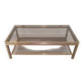 Table basse à double plateau en acier brossé et laiton, Guy Lefèvre pour Maison Jansen