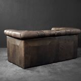 Vintage Mid-Century Modern German Brutalist 2-Seater Brown Leather Bed Sofa