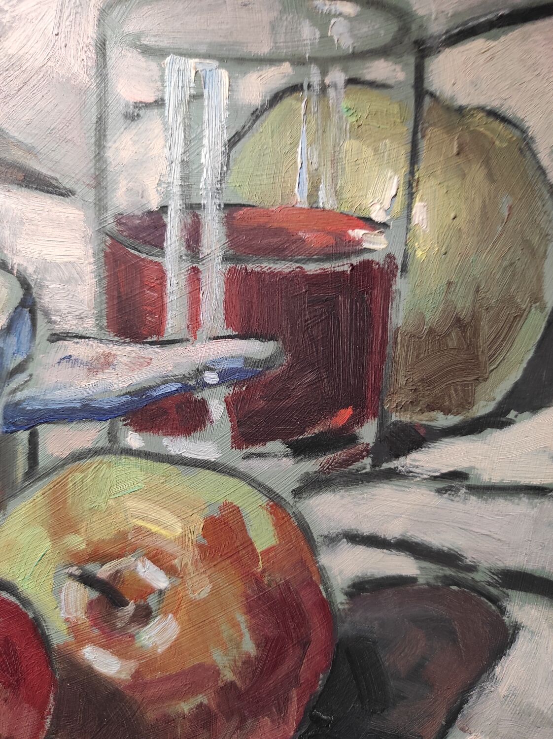 Still life with apples and oil bowl on cardboard 30s