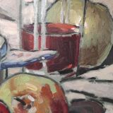 Still life with apples and oil bowl on cardboard 30s