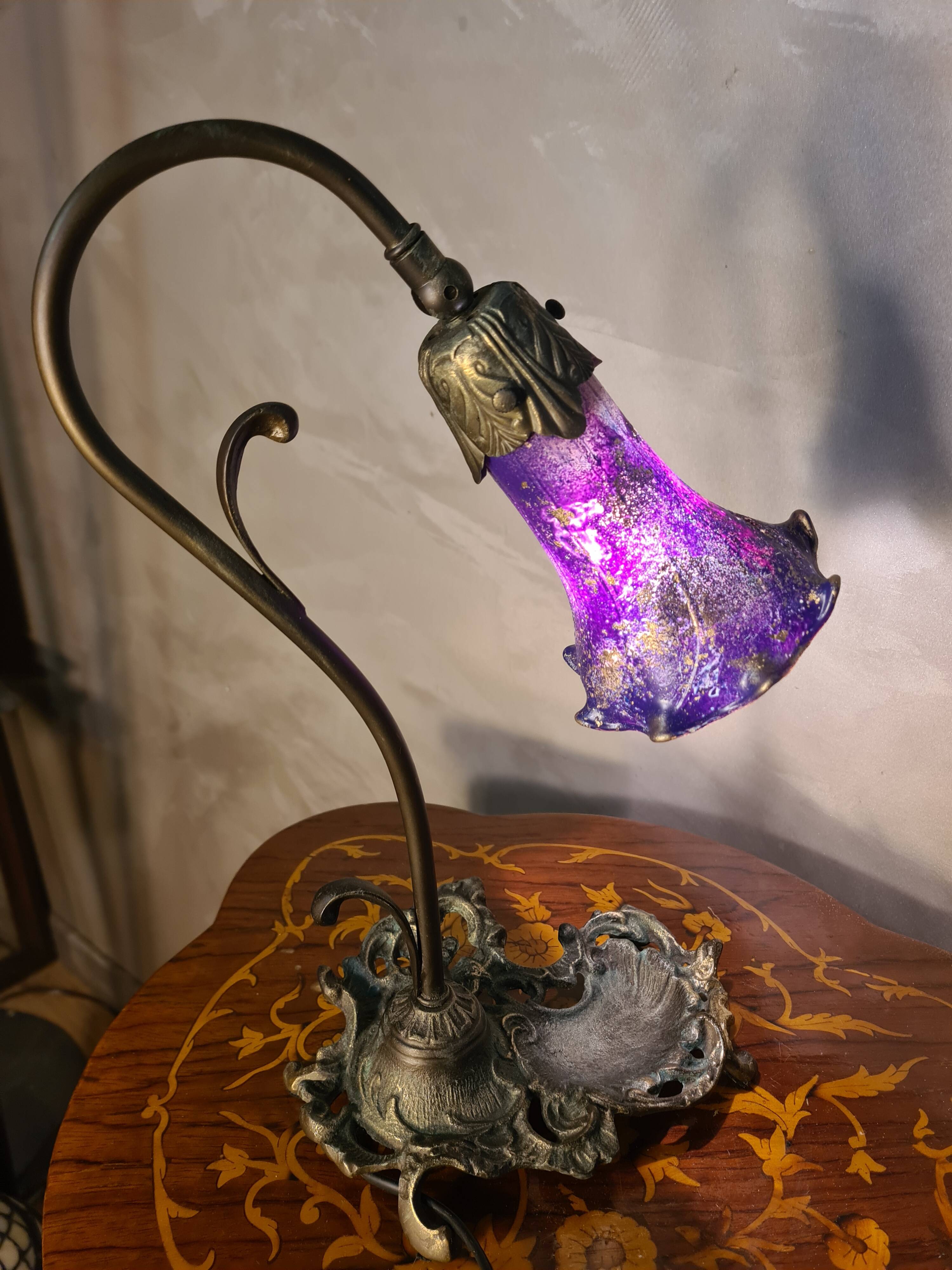 bronze patinated cast iron lamp with painted shade 38x24 art nouveau style
